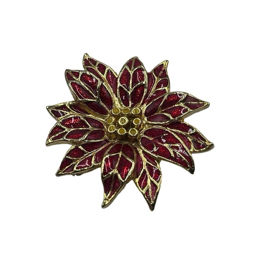 Vintage Textured Gold Tone &
Enamel Flower Pin‎ Brooch Poinsettia
Christmas Pin